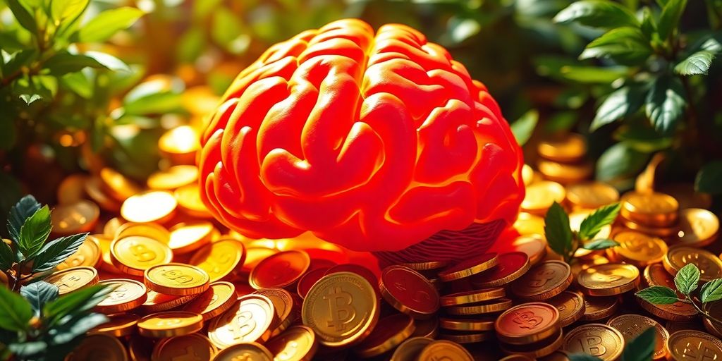 Brain with coins and greenery symbolizing wealth and abundance.