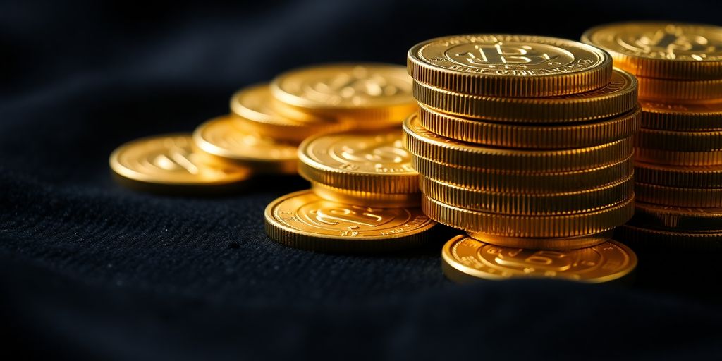 Pièces d'or empilées sur un tissu en velours.