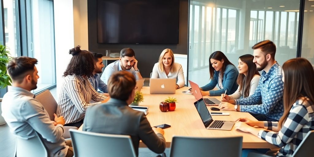 Diverse professionals collaborating in a modern business meeting.