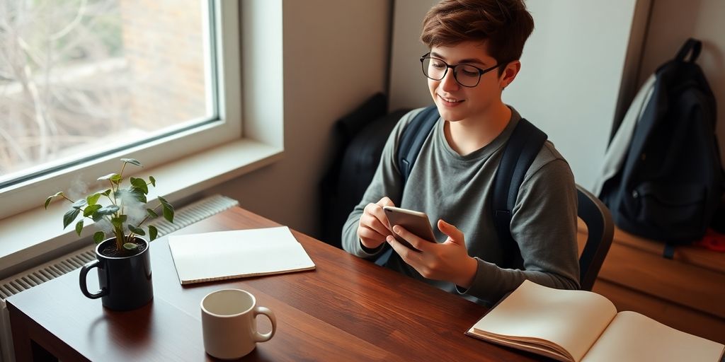 Student holding glowing smartphone in cozy dorm room at desk