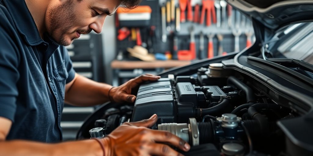 Mechanic inspecting car engine with tools