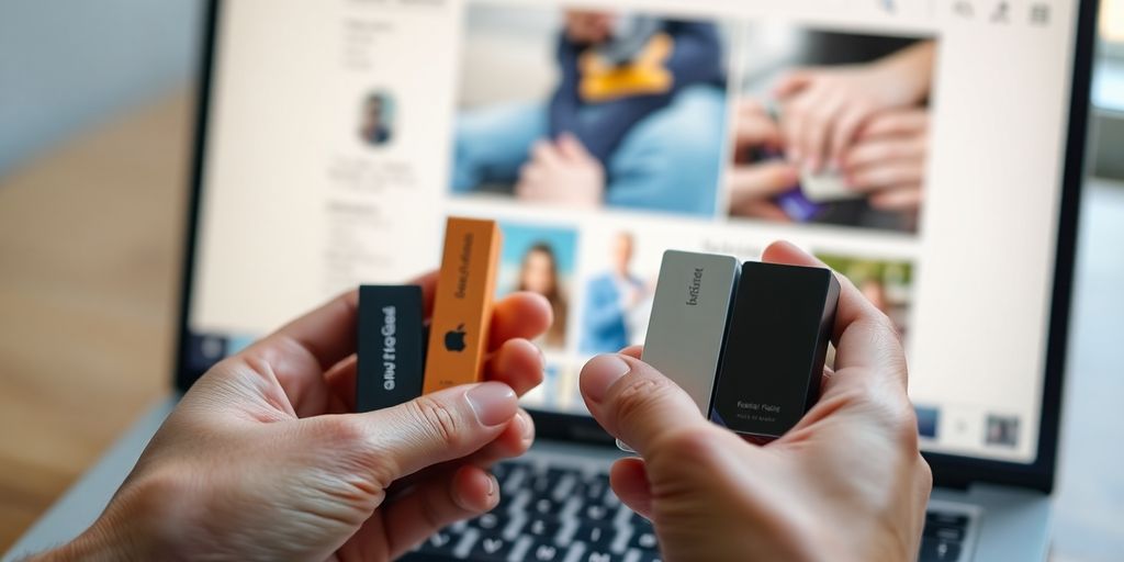 Person holding product boxes, looking at laptop.