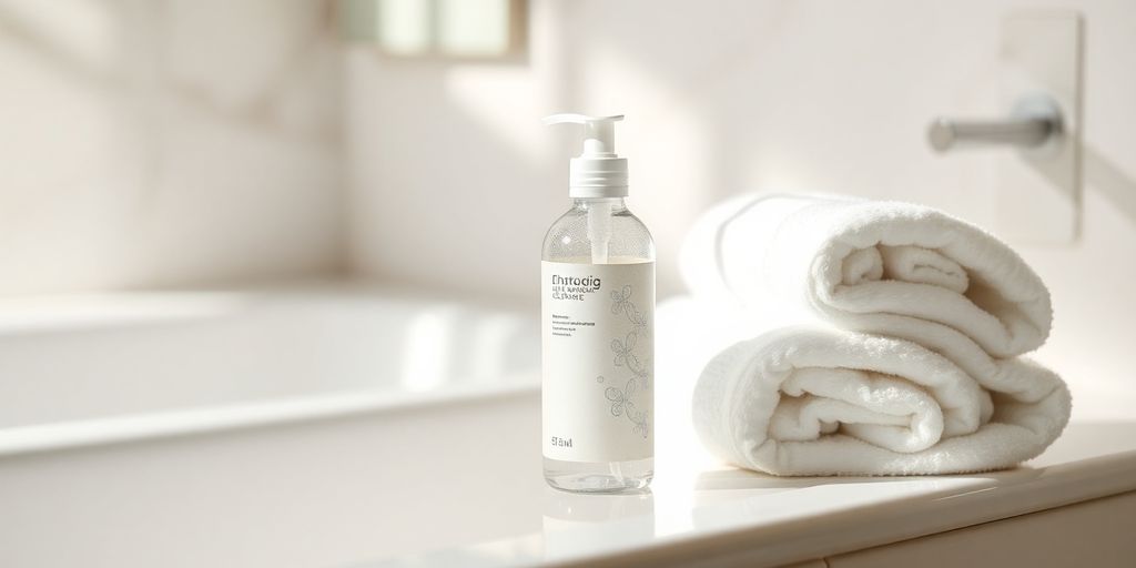 Cleanser bottle and soft towels in a serene bathroom.