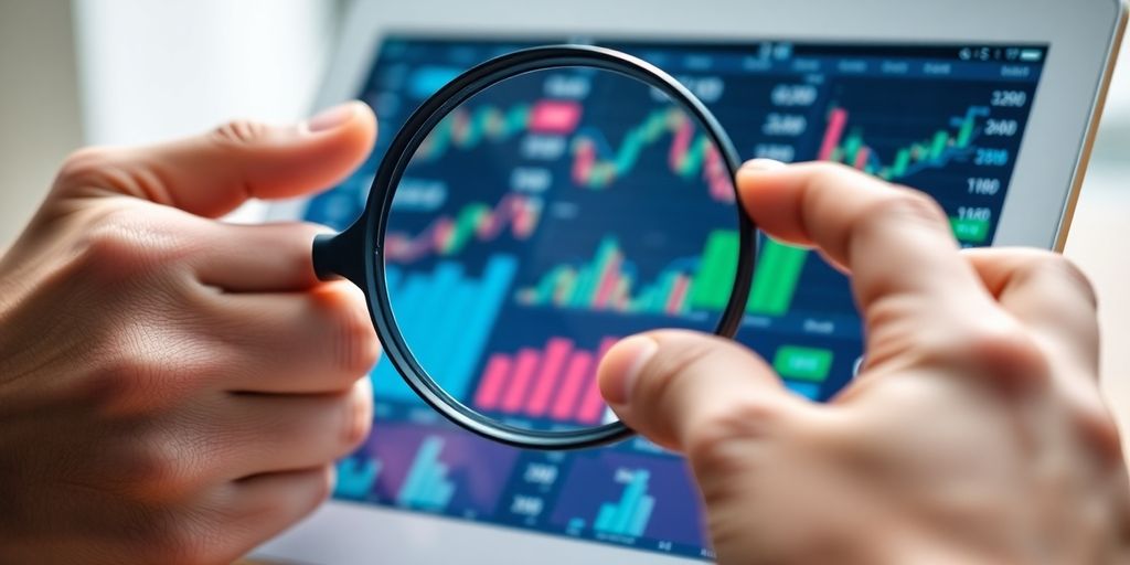 Businessman holding magnifying glass to stock market data