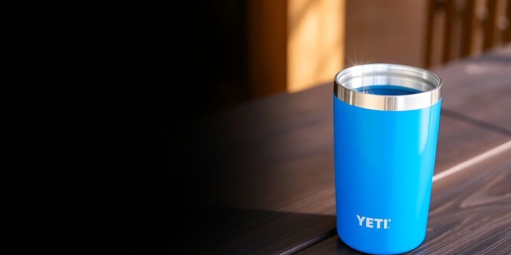 A blue Yeti Rambler tumbler on a wooden surface.