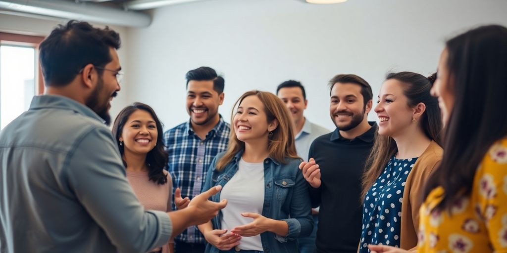 Grupo de pessoas se conectando e compartilhando ideias.