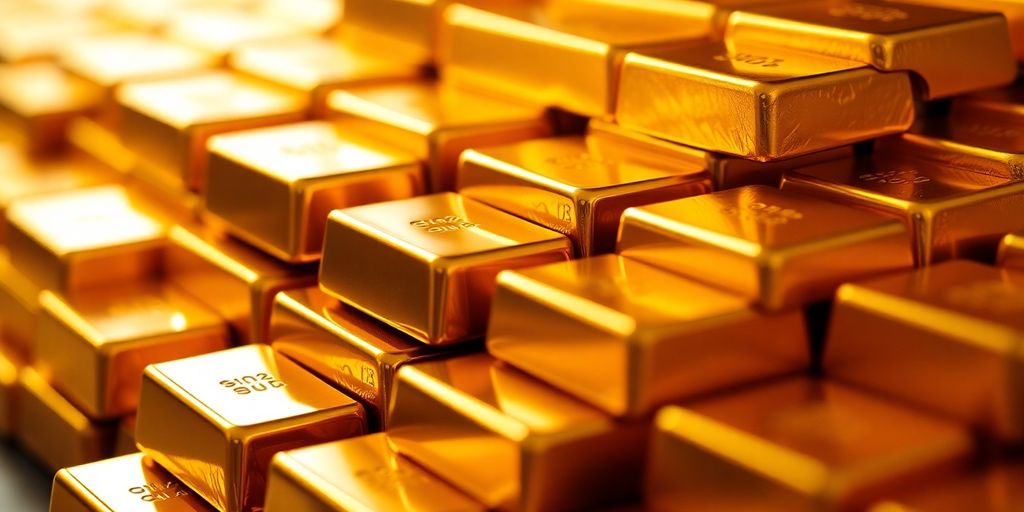 Barres d'or brillantes empilées sur fond flou.