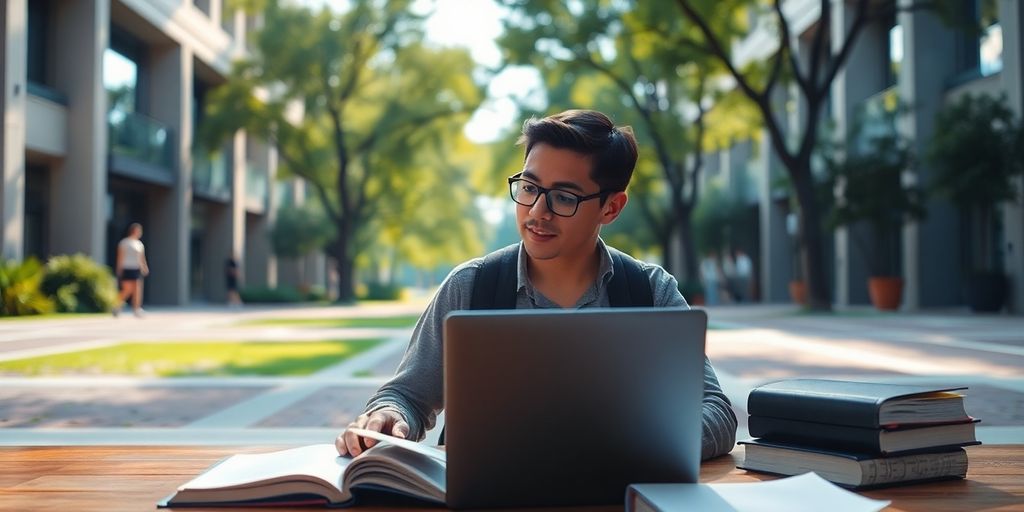 University student studying in a vibrant campus environment.