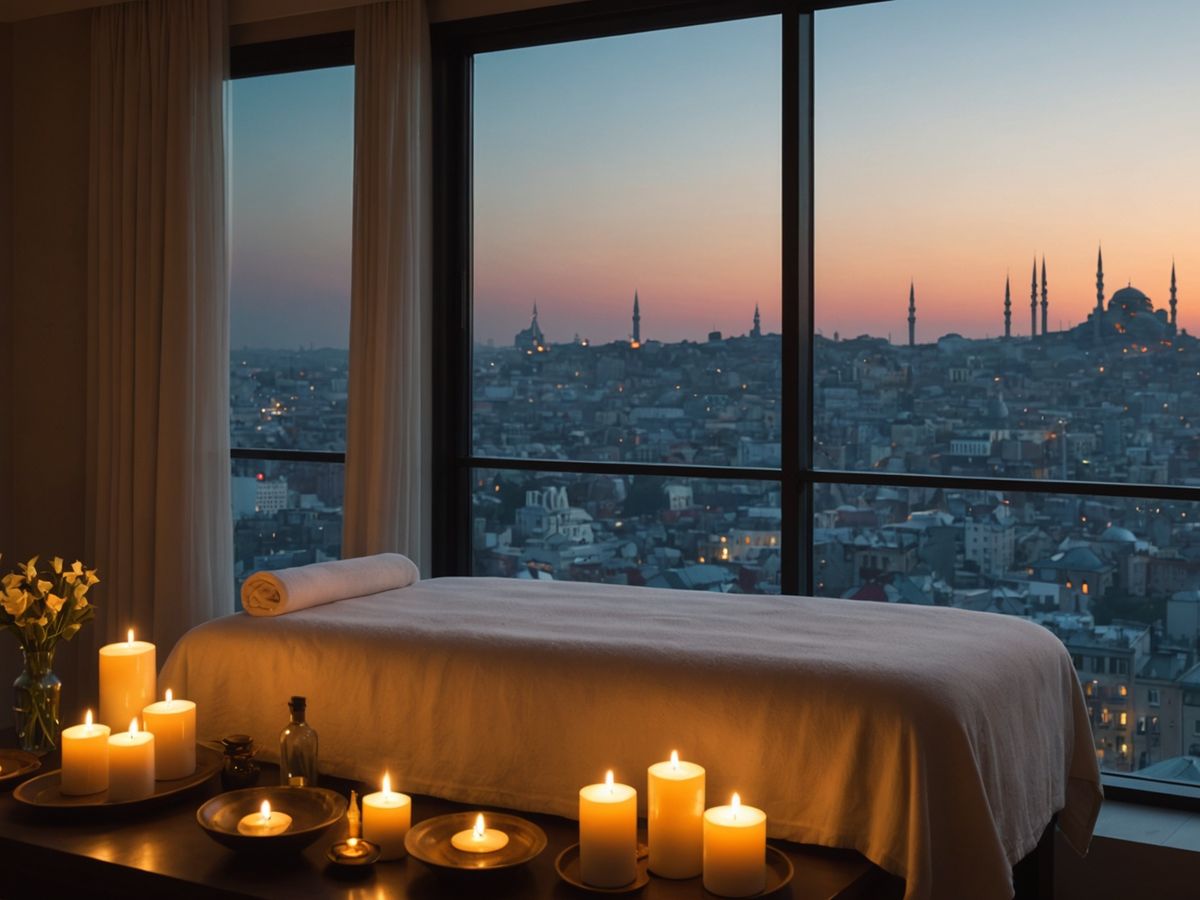 Serene spa room with massage table and candles.