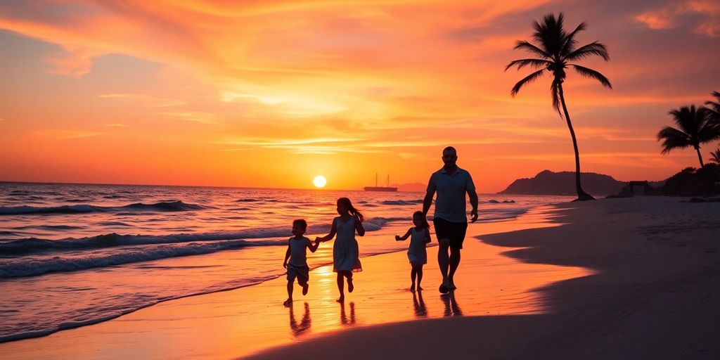 Family enjoying Cabo beach at sunset.