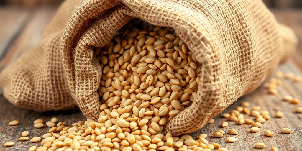 Burlap sack filled with organic sesame seeds