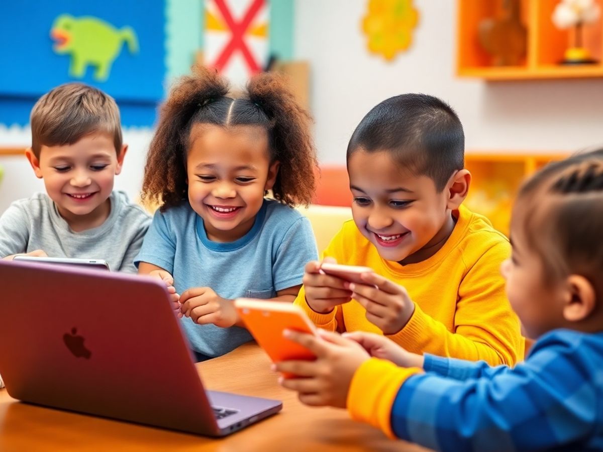 Copii folosind dispozitive digitale într-un mediu sigur.