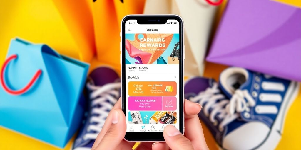 Smartphone with Shopkick app and shopping bags around it.