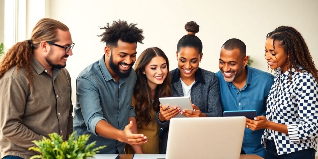 Group of small business owners collaborating on technology.