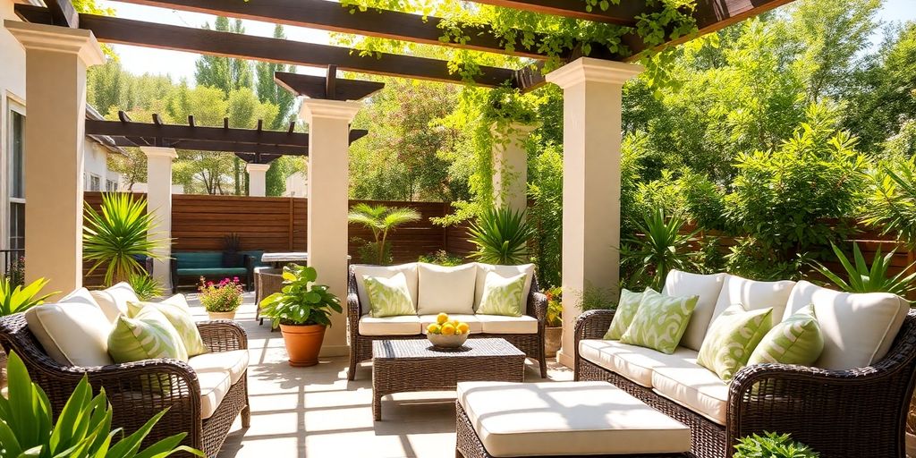 Cozy outdoor living space with Home Depot furniture.