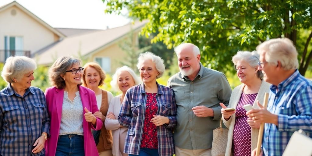Seniors discussing housing options in a green community.