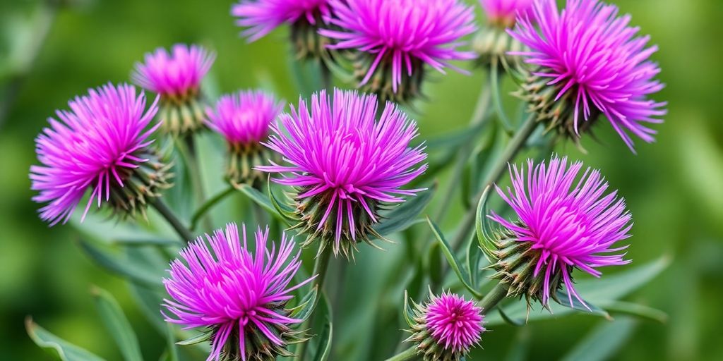 Vibrant milk thistle plant with purple flowers and green leaves.
