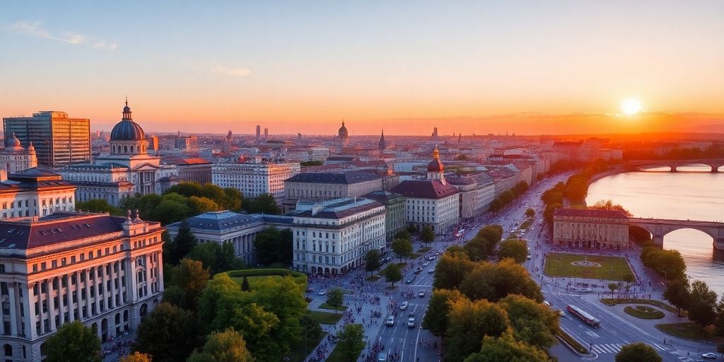 Sunset cityscape of Vienna with modern and historic elements.