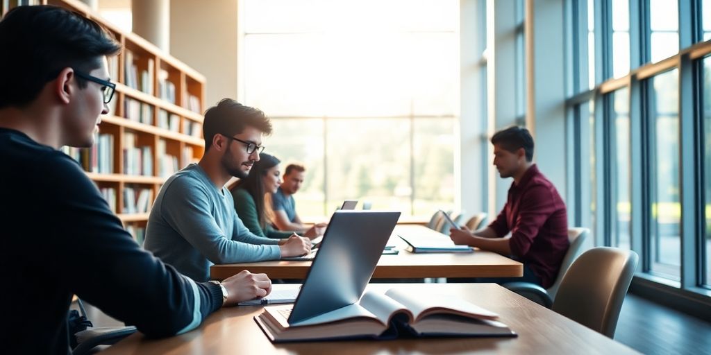 Students studying inside a modern university library.