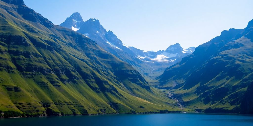 Lush green mountains meeting a turquoise bay.