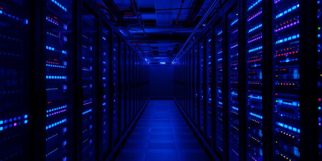 Cloud servers glowing, digital data flowing, futuristic tech.