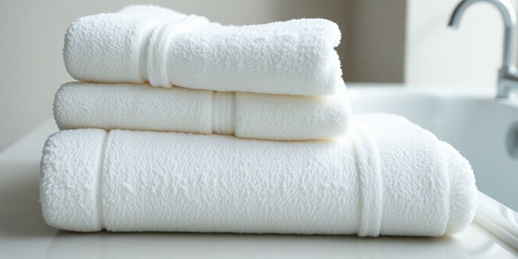 Plush, folded white towels stacked near a bathtub.