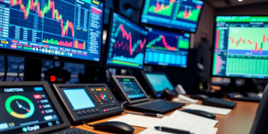 Trading desk with options trading tools and monitors.