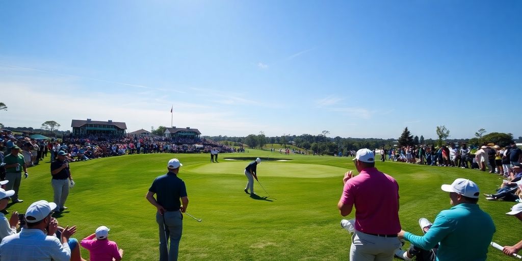 Golfers competing on a sunny course during a tournament.