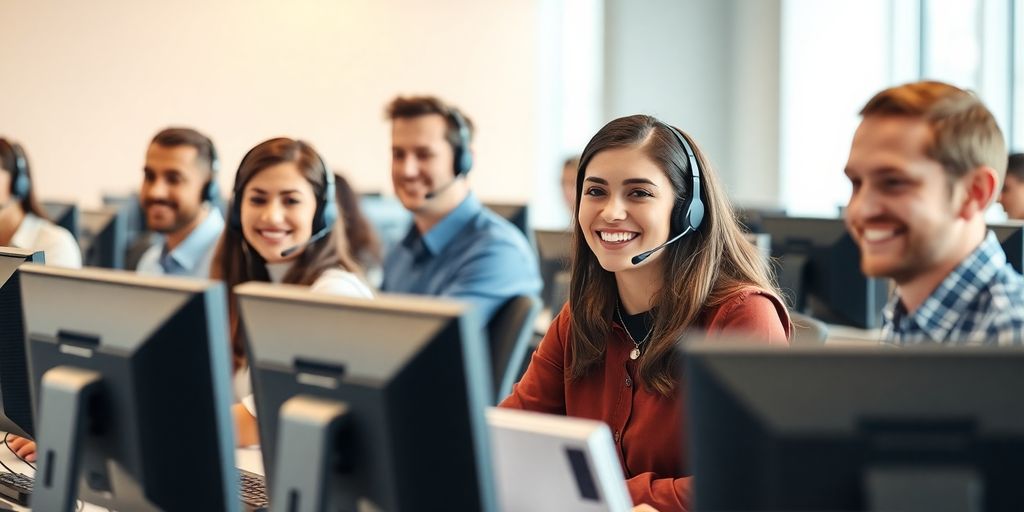 Smiling diverse people working in a call center.
