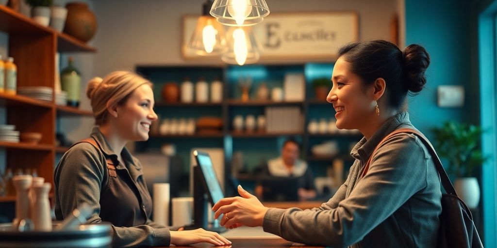 Friendly staff member providing excellent customer service to client.