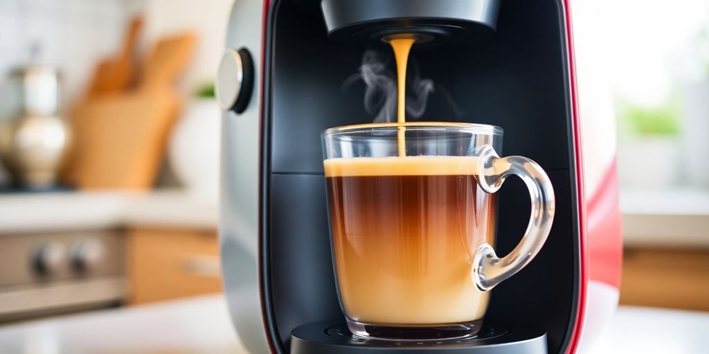 Close-up of Tassimo Espresso Coffee Machine brewing espresso.