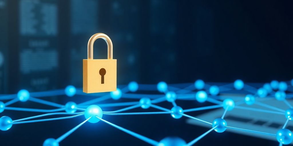 Digital padlock, blockchain links, and secure insurance concept.