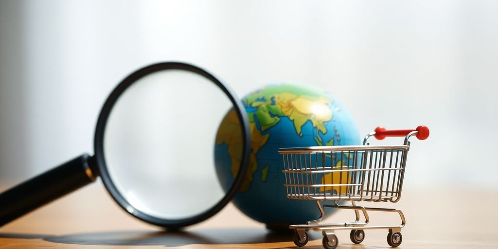 Magnifying glass over globe and shopping cart.