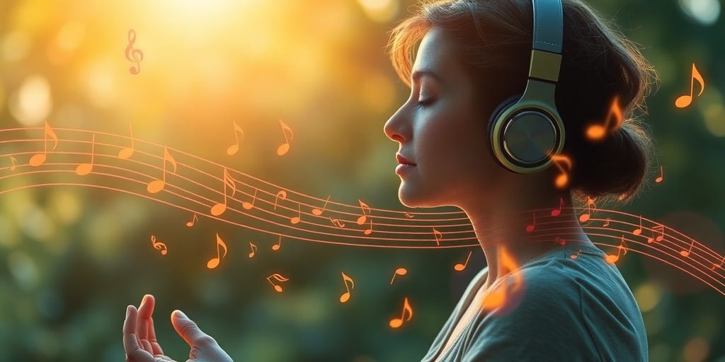Meditation with headphones surrounded by colorful musical notes.