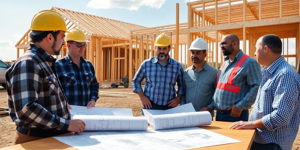 Roswell general contractors discussing blueprints on a job site.