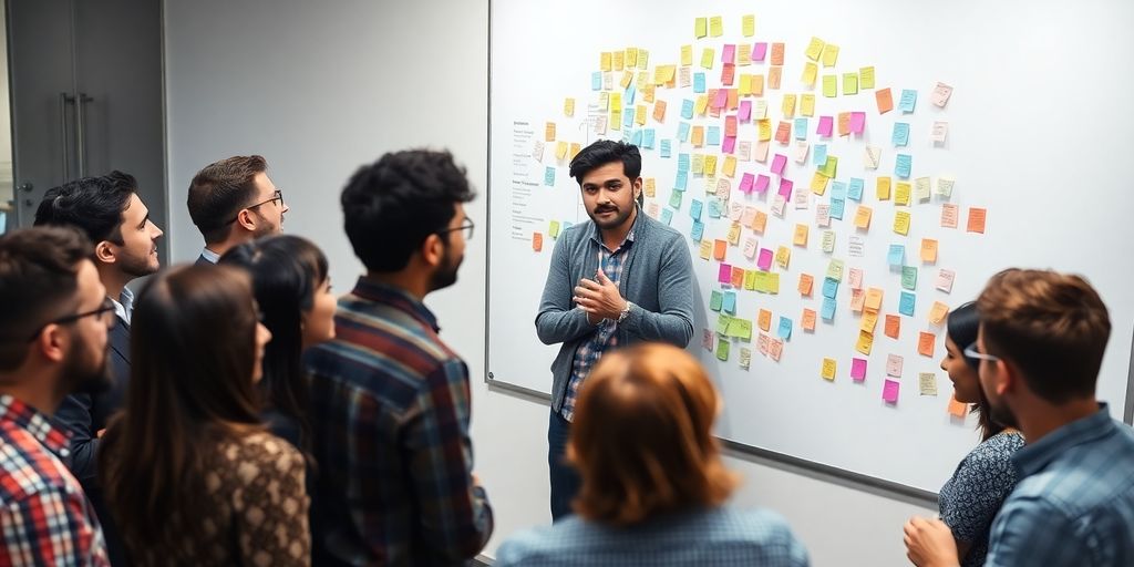 Scrum master facilitating a team meeting with sticky notes.
