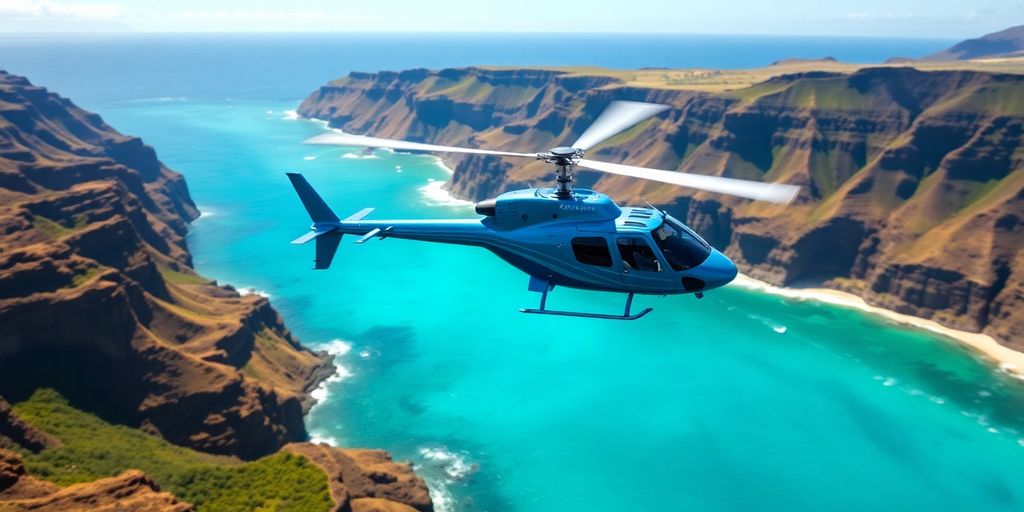 A blue helicopter flying over the lush Hawaiian coast.