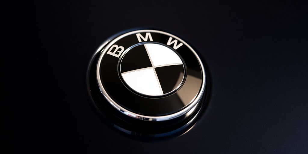 Shiny BMW emblem on a car hood.
