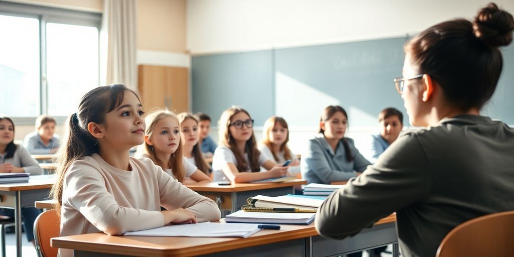 Élèves concentrés en classe, enseignants et livres.