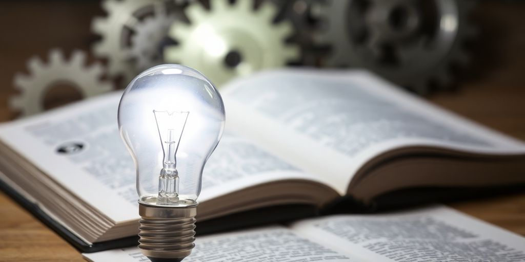 Lightbulb, gears, and a Hindi dictionary.