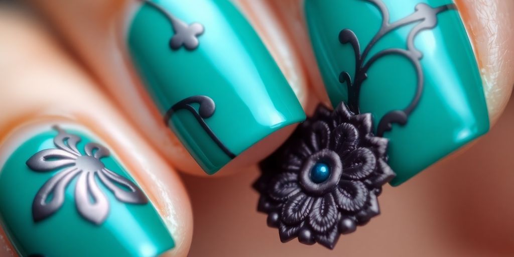 Unhas decoradas em azul-petróleo com designs intricados.