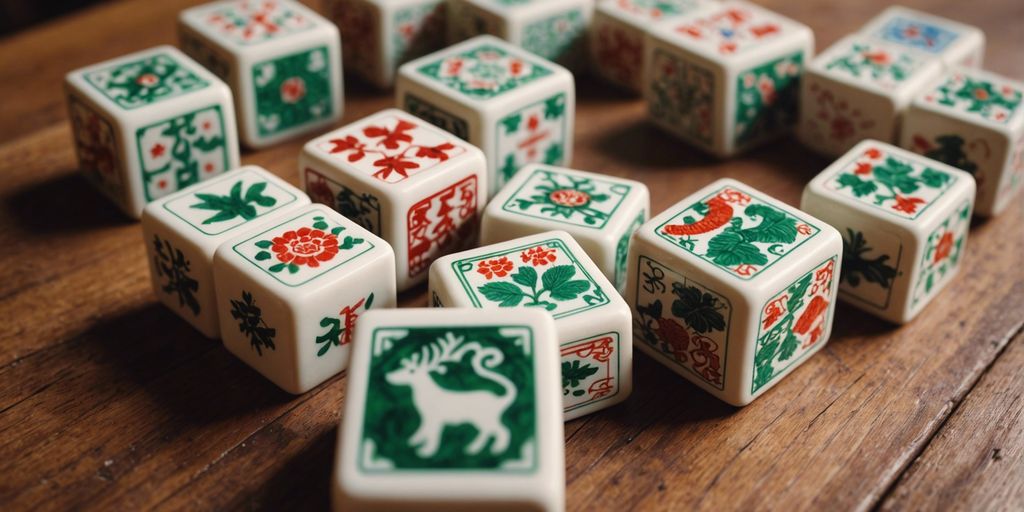 Close-up of Mahjong tiles with animal designs on a wooden surface, showcasing intricate craftsmanship and vibrant colors.