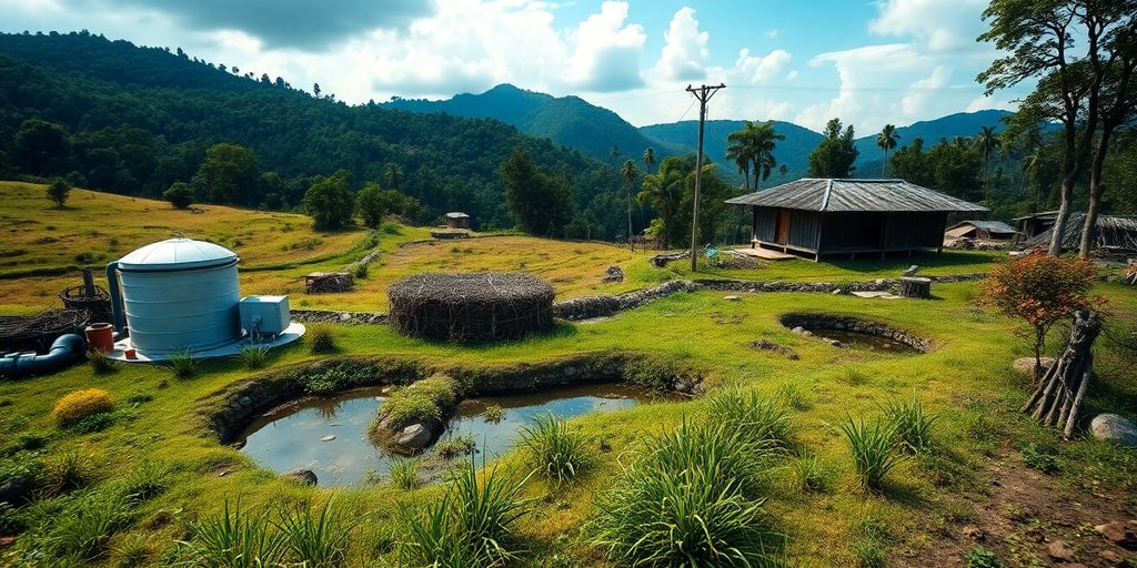 Off-grid sewage system in a rural landscape.