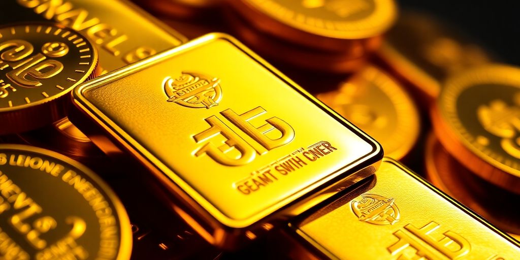 Pièces et lingots d'or brillants sur fond flou.