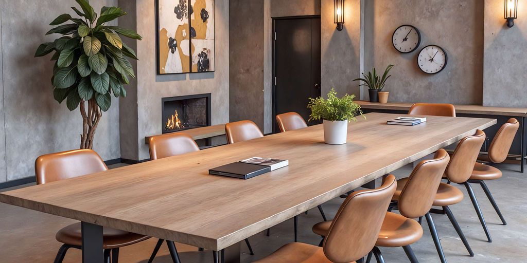 Modern meeting room with large table and stylish chairs.