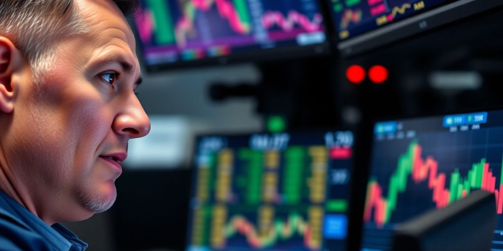 Trader analyzing data in a busy stock market environment.