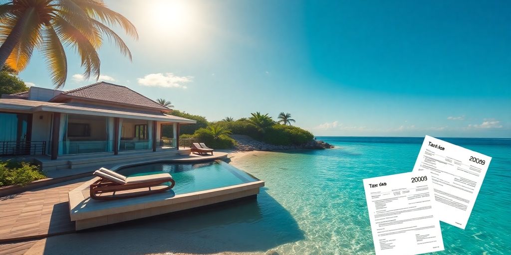 Phuket villa with tax document overlay.