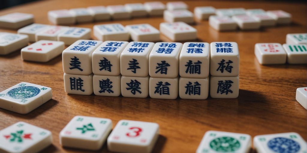 Mahjong character tiles displayed on a wooden surface.