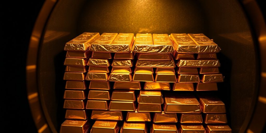Lingots d'or brillants dans une chambre forte sécurisée.