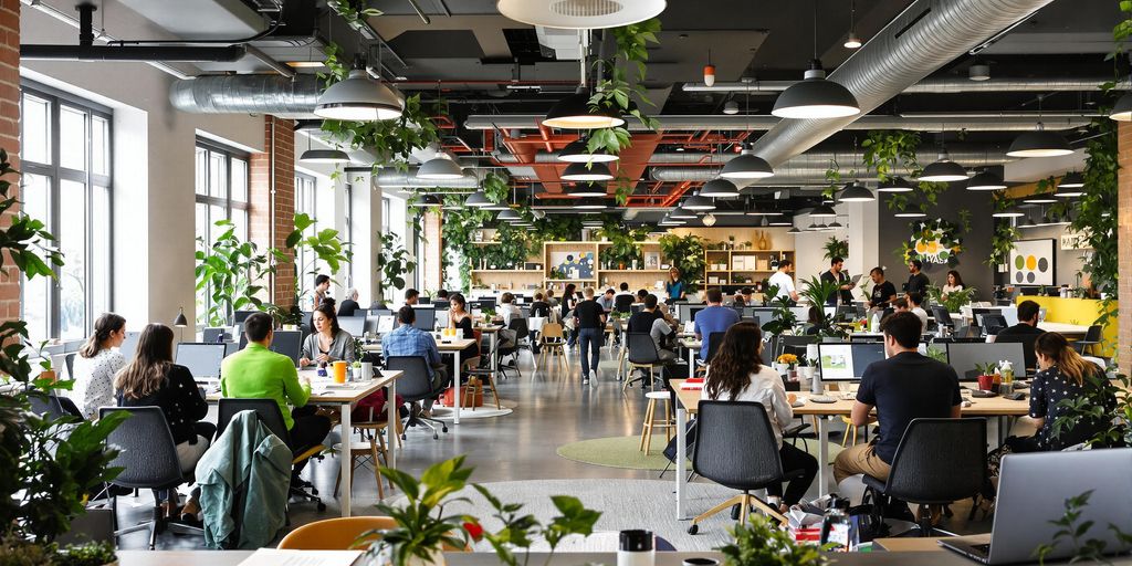 Diverse people collaborating in a bright coworking space.